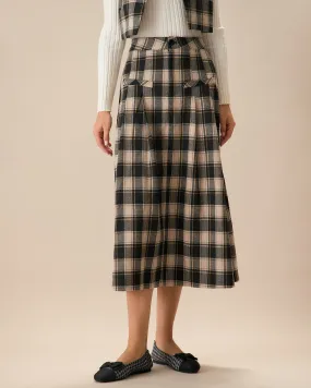 Women's Black Plaid A-line Midi Skirt