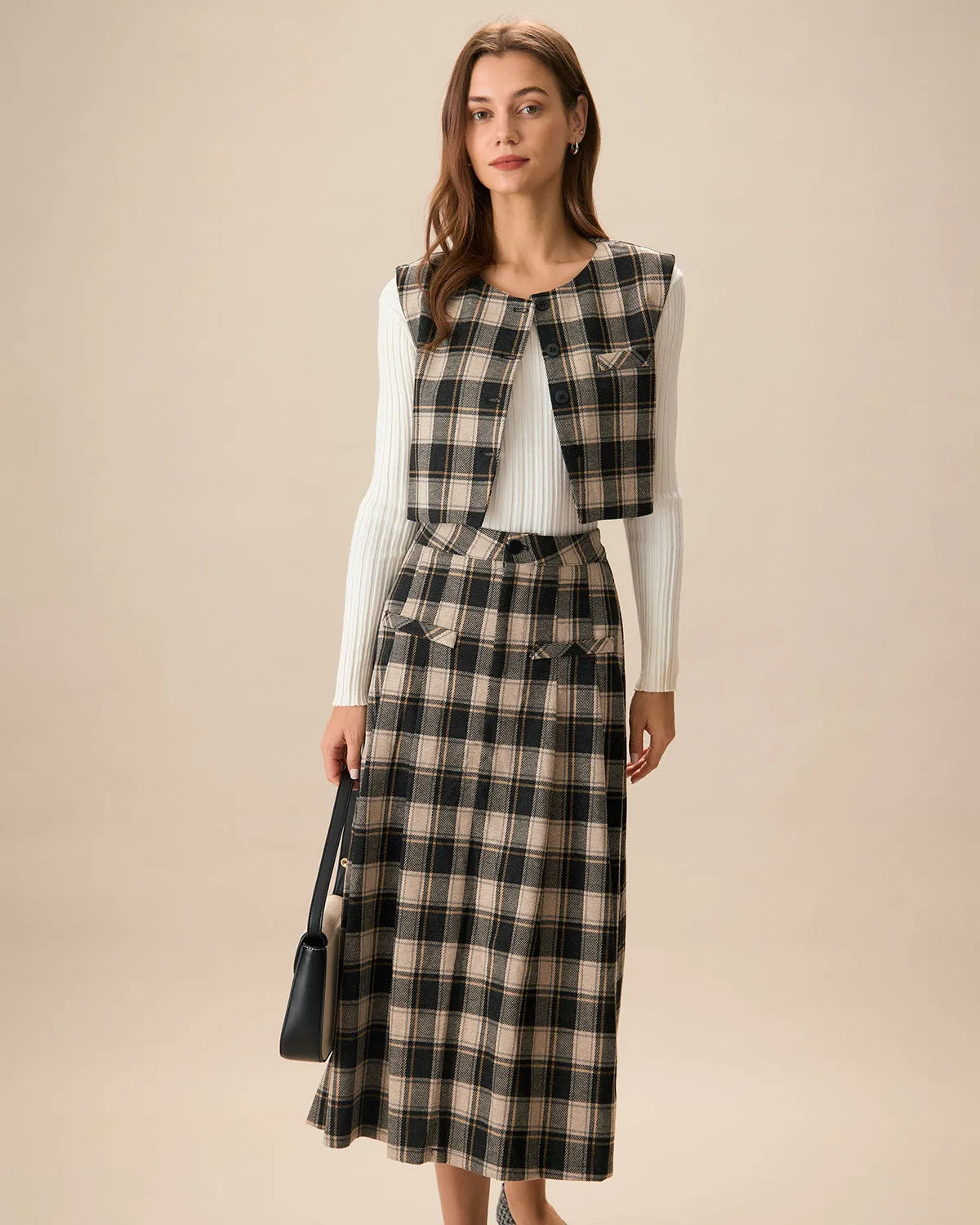 Women's Black Plaid A-line Midi Skirt