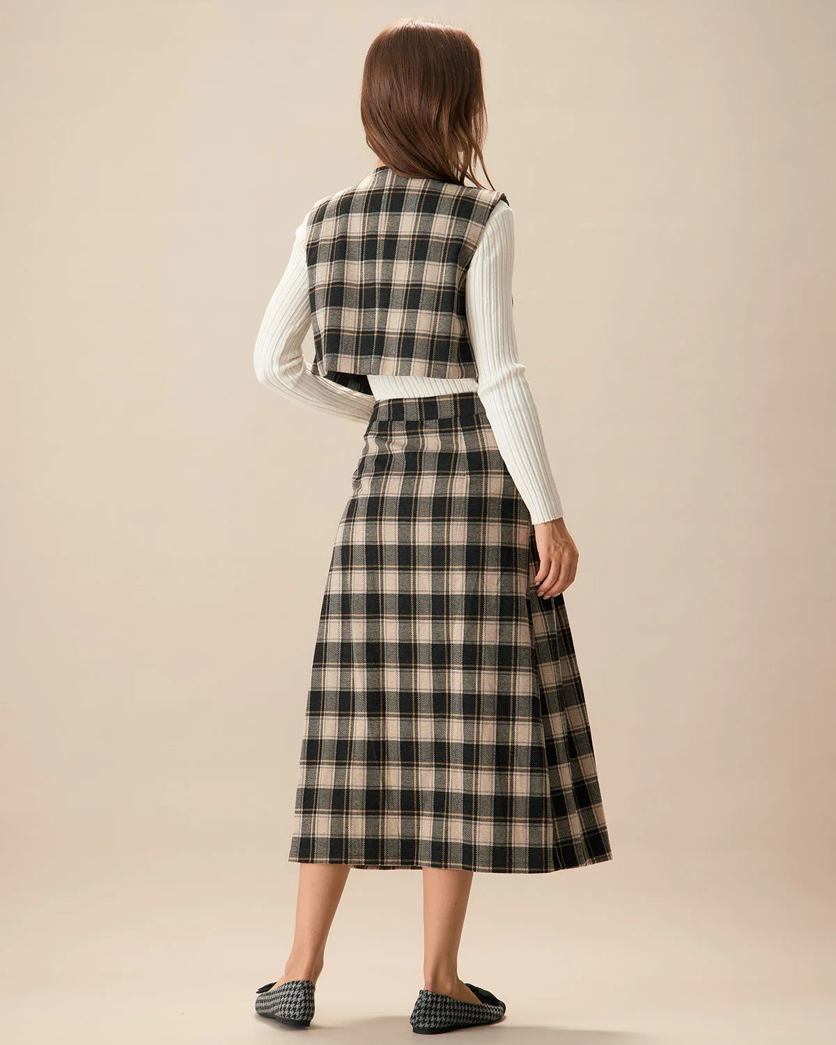 Women's Black Plaid A-line Midi Skirt