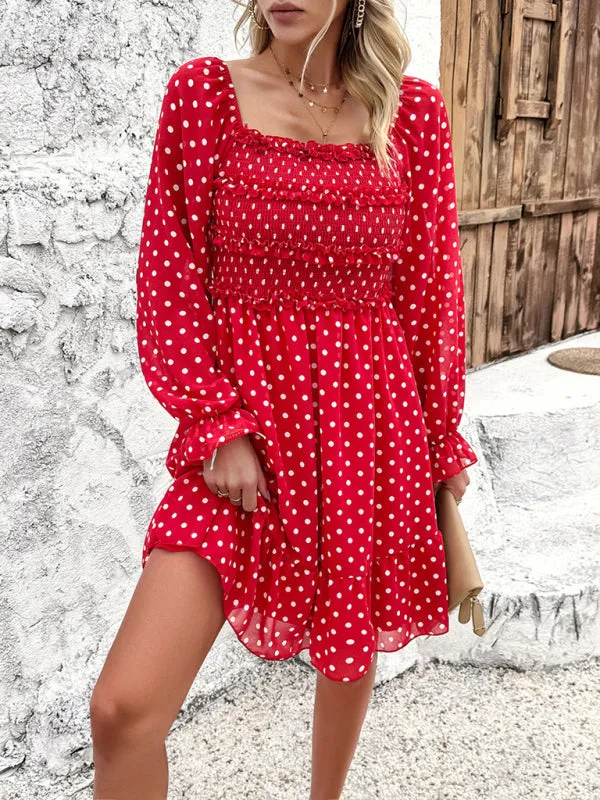 Women's Elegant Cuffed Sleeve Ruched Polka Dot Flowy Dress