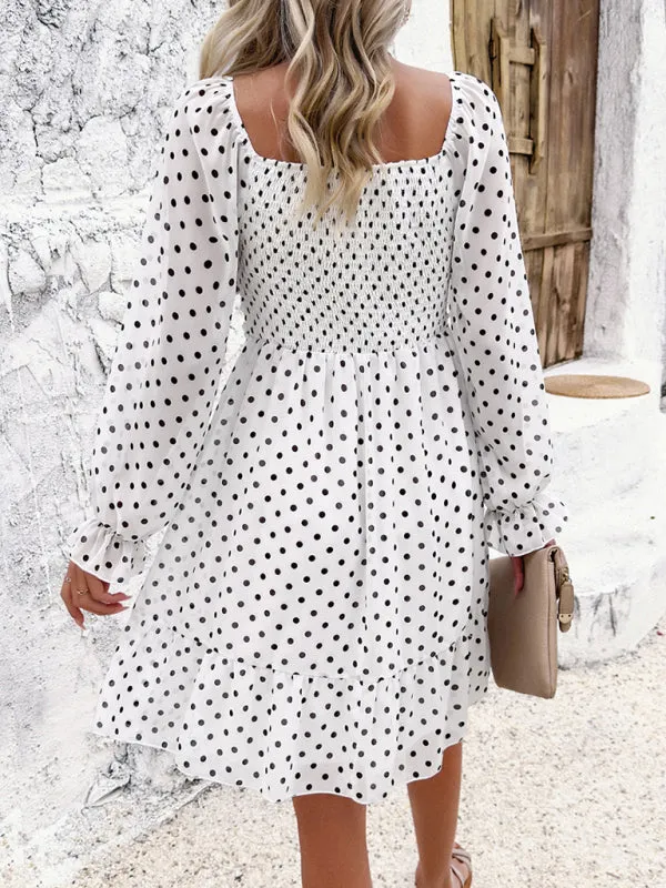 Women's Elegant Cuffed Sleeve Ruched Polka Dot Flowy Dress