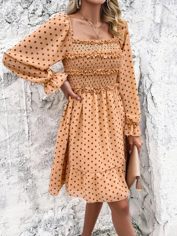 Women's Elegant Cuffed Sleeve Ruched Polka Dot Flowy Dress